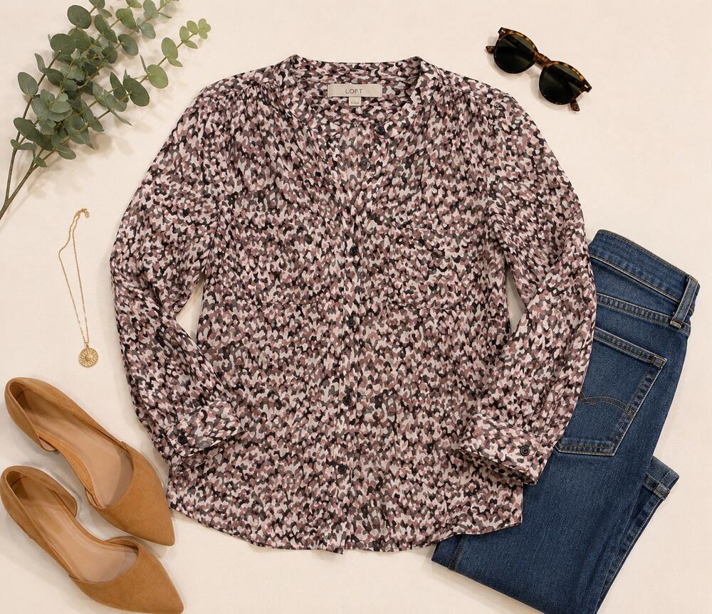 LOFT Abstract Print Sheer/Chiffon Long Sleeve Blouse - Size XS Pink Taupe Black